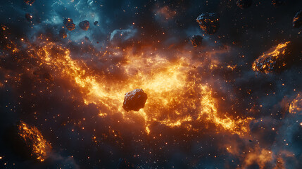 Fototapete - A fiery comet flies in outer space among pieces of meteorites
