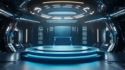 Fototapete - A futuristic stage, with a podium in the center, sci-fi futuristic catwalk, futuristic blue glowing showcase, empty product stand for product presentation, 3d render