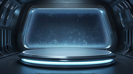 Poster - A futuristic stage, with a podium in the center, sci-fi futuristic catwalk, futuristic blue glowing showcase, empty product stand for product presentation, 3d render