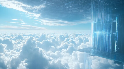 Aufkleber - A futuristic server room hovers above the clouds, a cloud storage concept, network and internet communication technology concept, data center interior, server racks telecommunication, 3d rendering