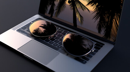 Aufkleber - A laptop is shown with sunglasses and reflections of palm trees