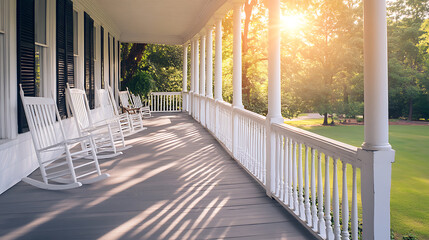 Fototapete - A large front porch with white railings and rocking chairs, overlooking the green lawn the photo is taken from behind looking out over the railing