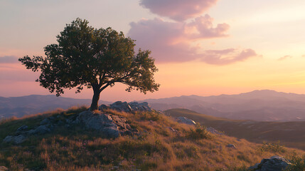 Poster - A lone tree that sits on a hill during sunset