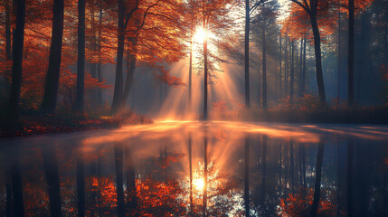 Poster - A magical and misty fantastic forest with ponds