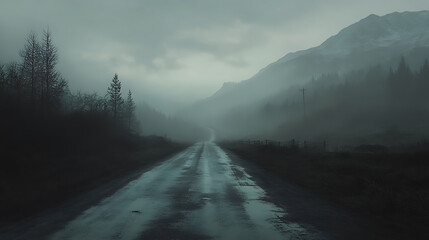 Aufkleber - A misty road stretching into the distance with mountains and a dramatic sky, set against a moody backdrop, evoking a concept of journey