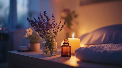 Aufkleber - A serene bedside table with lavender, essential oils, and candles, promoting natural sleep optimization