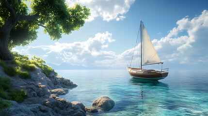 Poster - A sail boat is docked in clear blue water on a hill