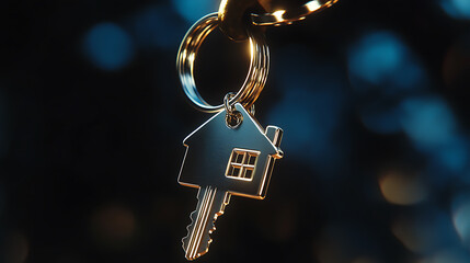 Poster - A shiny metal key with a silver-colored house-shaped keychain attached, symbolizing homeownership, real estate investment, and the concept of buying a new home
