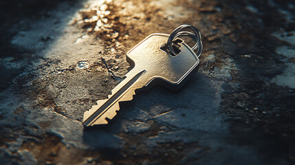 Poster - A shiny metal key with a silver-colored house-shaped keychain attached, symbolizing homeownership, real estate investment, and the concept of buying a new home