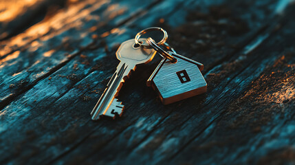Poster - A shiny metal key with a silver-colored house-shaped keychain attached, symbolizing homeownership, real estate investment, and the concept of buying a new home