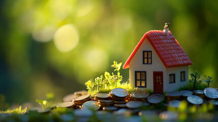 Poster - A small model house on a pile of coins, with a blurred green background, financial literacy and real estate investment