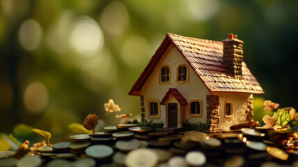 Aufkleber - A small model house on a pile of coins, with a blurred green background, financial literacy and real estate investment