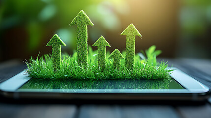 Poster - A smartphone screen displaying green grass arrows sprouting upwards, symbolizing growth and sustainability in business, ideal for themes of eco-friendly technology and green business initiatives