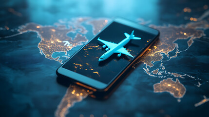 Poster - A smartphone with an airplane icon on the screen, placed over a world map mobile device displaying flight information or an easy management platform for air travel