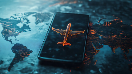 Poster - A smartphone with an airplane icon on the screen, placed over a world map mobile device displaying flight information or an easy management platform for air travel