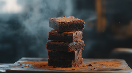 Poster - A stack of chocolate brownies on wooden background, homemade bakery and dessert