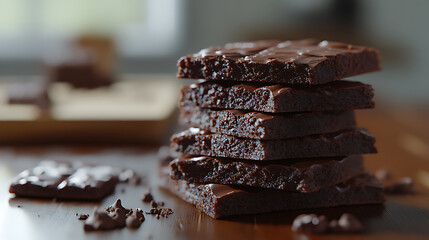 Aufkleber - A stack of chocolate brownies on wooden background, homemade bakery and dessert