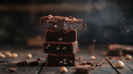 Aufkleber - A stack of chocolate brownies on wooden background, homemade bakery and dessert