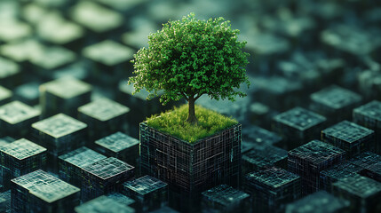 Aufkleber - A tree growing on a digital cube, green technologies