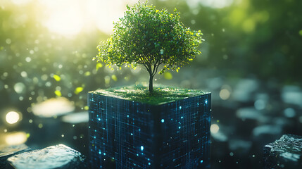 Poster - A tree growing on a digital cube, green technologies
