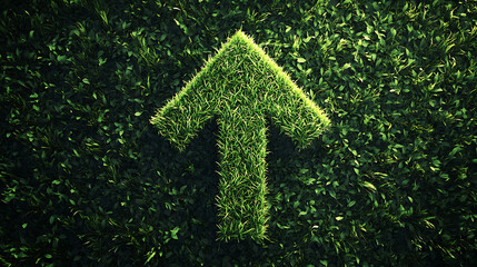 Poster - A vibrant green up arrow symbol, crafted from lush grass, representing sustainable growth, eco-friendly progress, and positive environmental development