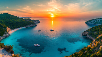 Poster - a view from a height of a speedboat in clear blue water at sunset in summer, aerial view, panoramic 
