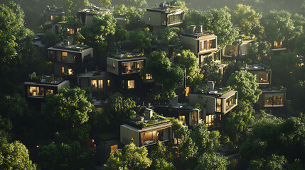 Poster - A village made of apartments with trees surrounding them