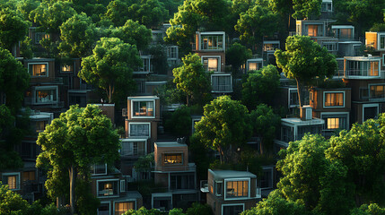 Poster - A village made of apartments with trees surrounding them