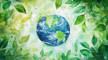 Poster - A watercolor painting of earth surrounded by green leaves, symbolizing environmental sustainability and esg reporting
