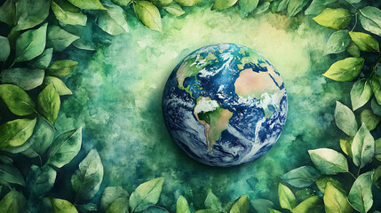 Poster - A watercolor painting of earth surrounded by green leaves, symbolizing environmental sustainability and esg reporting