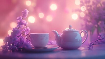 Aufkleber - A whimsical tea party scene with teacups and a teapot, featuring soft diffused lighting, pastel tones, and a dreamlike atmosphere
