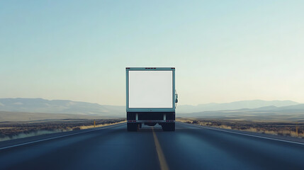 Poster - A white truck on the move, featuring a blank cargo space for branding, against a clear sky and roadway, symbolizing transport