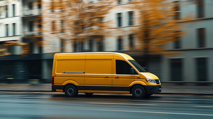 Poster - A yellow delivery van drives fast through the city, logistics and delivery concept