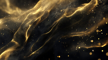 Poster - Abstract black background with golden particles and glitter dancing in the air, shimmering luxury