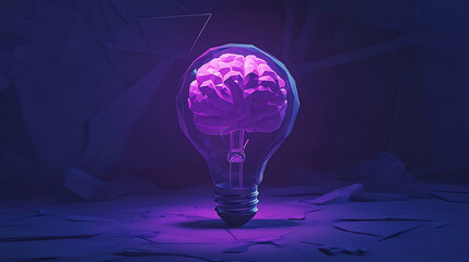 Poster - Abstract blue glowing light bulb with violet brains inside, low-poly style, abstract neon frame style