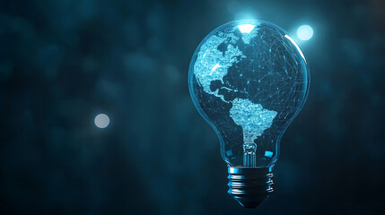 Poster - Abstract blue light bulb with planet earth inside, earth hour concept, geometric background, wireframe lights, modern graphic, illustration
