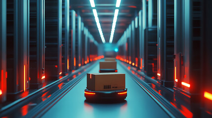 Leinwandbilder - Future technology 3d concept automated retail warehouse agv robots delivering cardboard boxes in distribution logistics center, automated guided vehicles for goods, products, and packages