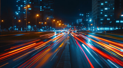Aufkleber - Futuristic car in movement with lights on the road at night time, timelapse of night driving on illuminated streets