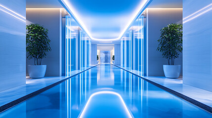 Fototapete - futuristic corridor with blue glass and reflections