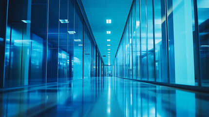 Poster - Futuristic corridor with blue glass and reflections