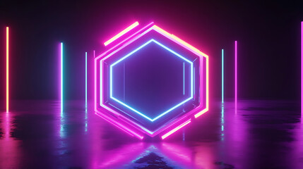 Poster - Futuristic glowing colorful bright hexagonal with colorful neon effect, technology, future and innovation concept, 3d illustration