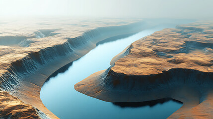 Poster - Futuristic digital landscape with river passing trough metallic terrain landscape, abstract information transfer concept