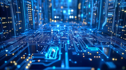 Aufkleber - Futuristic digital metropolis 3d rendered circuitry and motherboard visualizationinformation technology and internet of things hub with dynamic data flow animation