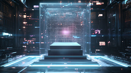 Leinwandbilder - Futuristic pedestal for product presentation in futuristic hud style, pedestal or door in 3d cyberspace, 3d illustration