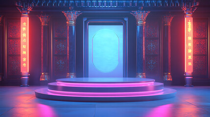 Poster - Futuristic pedestal for product presentation in futuristic hud style, pedestal or door in 3d cyberspace, 3d illustration