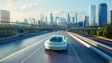 Leinwandbilder - Futuristic self-driving car on a public highway in a modern city