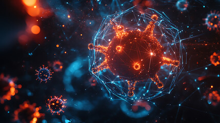 Fototapete - Futuristic virus protection concept with glowing low polygonal shield and virus cells, illustration