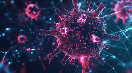 Aufkleber - Futuristic virus protection concept with glowing low polygonal shield and virus cells, illustration