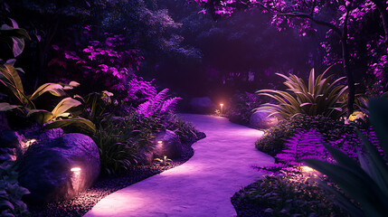 Poster - Garden with purple light that illuminates plants, rocks, path and clearing at night