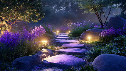 Poster - Garden with purple light that illuminates plants, rocks, path and clearing at night